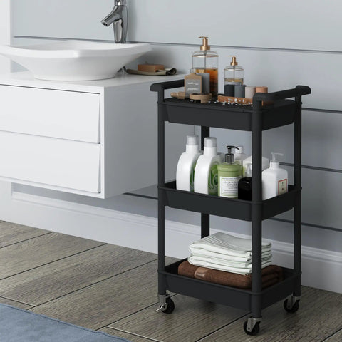 Three Tier Rolling Cart With Lockable Casters And Covered Top Board in bathroom setting with toiletries