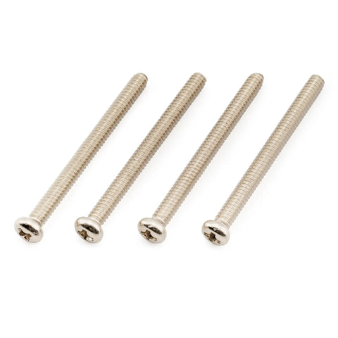 Heavy Duty Stainless Steel Humbucker Pickup Screws With Nickel Finish Twenty Pack fits USA Mexico guitars, view of four screws.
