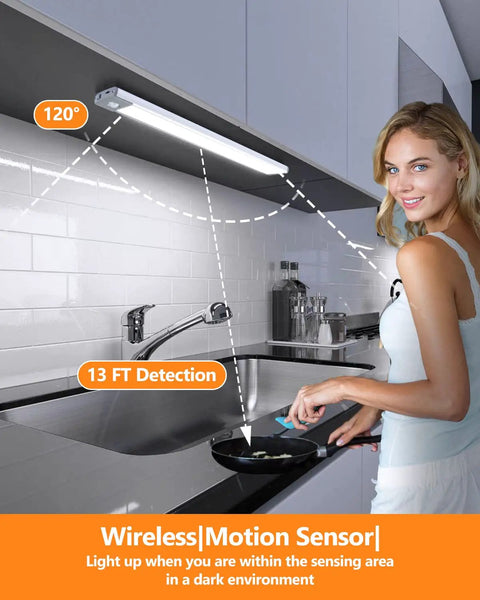 Motion Sensor Closet Light Set With 54 LEDs Ultra Thin Magnetic Under Cabinet Lighting 2500mAh Rechargeable Battery in kitchen