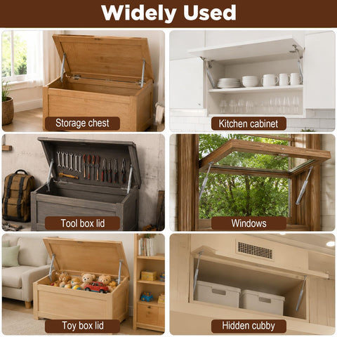 Heavy Duty Soft Close Lid Support Hinges Two Pack 200N Gas Struts For Toy Boxes And Tool Chests Built Different With Smooth Gliding Mechanics And Guaranteed Everyday Performance on various storage solutions like a storage chest and toy box.