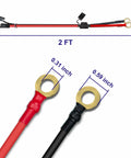 Red and black Beefy Two Pack 10 AWG 2 Foot SAE To O Ring Terminal Quick Disconnect Charger Cable shown with dimensions.
