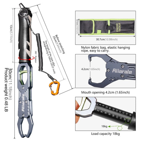 Fish Lip Gripper With Weight Scale And 360 Degree Rotation Aluminum Alloy Grip Tool For Handling Up To 40 Pounds Lightweight Portable Non Slip Rubber Handle Extra Wide 1.65 Inch Opening And Reel Safe Tackle Clip