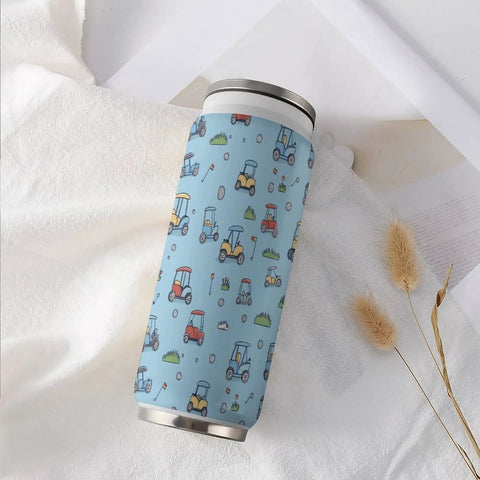 Boss Level 304 Stainless Steel Insulated Tumbler With Secure Straw Lid And Leak Proof Screw Cap, Golf Cart Ready travel mug with blue golf-themed design.
