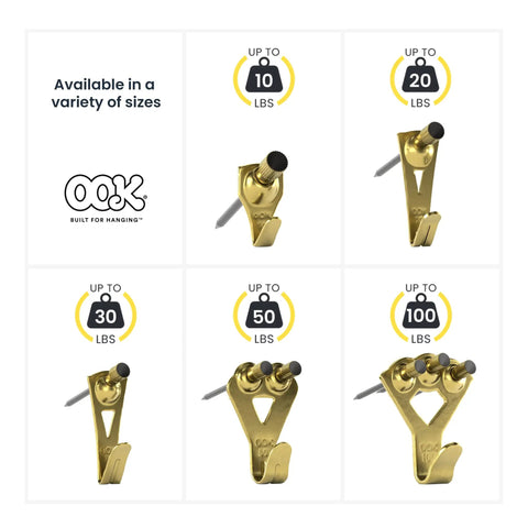 Wall Safe Pro Picture Hanger Set With Brass Padded Hooks for various weights from 10 lb to 100 lb, multiple hook designs shown