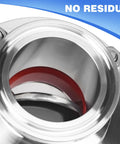 Sanitary butterfly valve, 1.5 in stainless steel, bore view with red gasket and tri-clamp ends.
