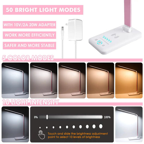 Game Changing LED Desk Lamp With Wireless Charger And USB Port, showcasing 5 color modes and 10 brightness levels for eye comfort.