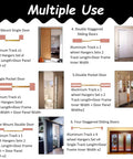 Heavy Duty Sliding Barn Door Hardware Kit In Black Rail For Double Doors Bypass Track System With Soft Close Wall And Ceiling Mount 28 Feet Long Fits 30 To 50mm Thick Doors 2mm Aluminum Tracks diagram showing multiple installation uses.