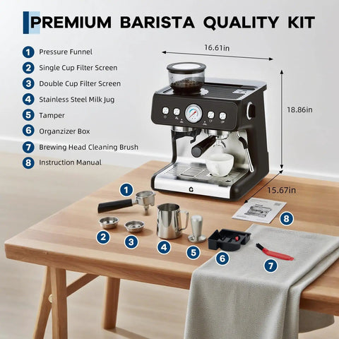 Level Up Your Coffee Game With This Badass 20 Bar Espresso Maker Featuring A Built In Grinder, Stainless Steel Body, Huge 2.8 Liter Tank, And Steam Wand For Flawless Lattes And Cappuccinos, Black on a kitchen table with accessories.