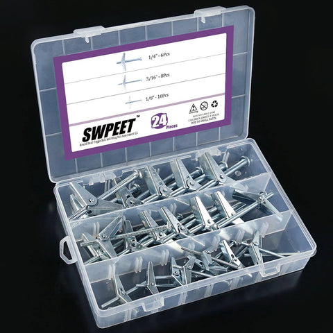 Assorted Toggle Bolts And Wing Nuts Kit For Drywall Hanging Heavy Items, 24 Pieces in plastic case