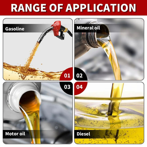 Image showing the range of application for the Ultra Durable 12 Volt 20 GPM Explosion Proof Fuel Transfer Pump for gasoline, diesel, motor oil, and mineral oil.