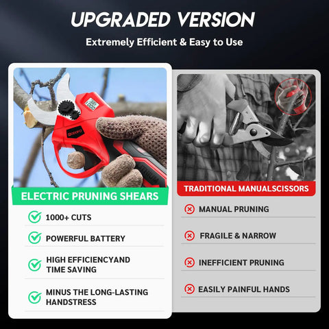 Comparison of Electric Pruning Shears With LCD Display For Precise Garden Trimming and manual scissors in use.