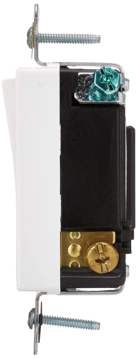 Side view of Decora Plus Rocker Switch 15 Amp 120 277 VAC SPDT Center Off Maintained Contact 5685 2W White Beefy Built