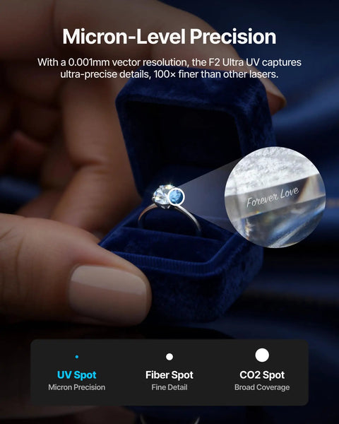 Pro Grade Ultra UV Glass Engraver with 5W laser engraving 'Forever Love' on ring inside box