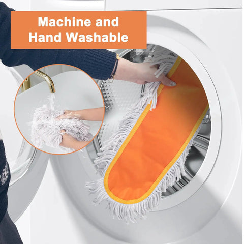Heavy Duty Commercial Dust Mop With Extended Handle And Thick Cotton Pads being washed in a washing machine.