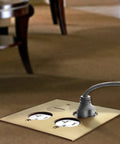 Screw Cap Floor Box Kit For Raised Floors 5x5 Inch 2-Gang Receptacle in brass finish with plug, showing tamper-resistant feature