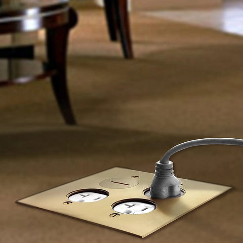 Screw Cap Floor Box Kit For Raised Floors 5x5 Inch 2-Gang Receptacle in brass finish with plug, showing tamper-resistant feature