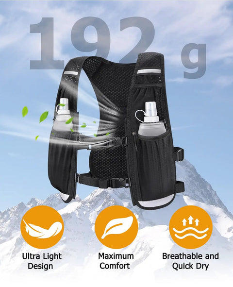 Lightweight Running Vest With Dual 500ml Soft Flasks, Unisex Hydration Pack for Marathon Training, shown against a sky backdrop.
