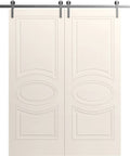 84 By 96 Inch Double Barn Door Set With Creamy Painted Solid Panel Interior Doors And 13Ft Silver Rail Track Kit With Hangers And Floor Guide Ready To Install Sliding Hardware Included