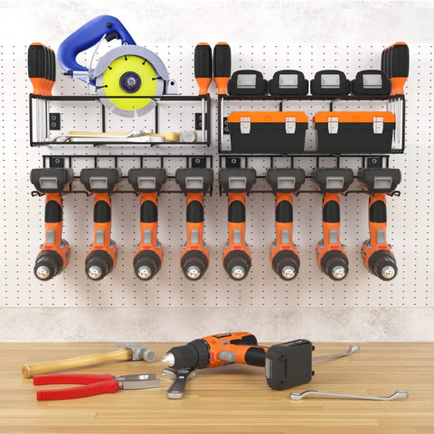Two Set Power Tool Organizer Wall Mount System With 16 Inch Drill Holder And Screwdriver Rack Heavy Duty Garage Storage Shelf