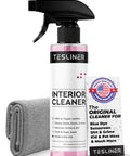 Bottle of Tesla Seat Cleaner And Stain Remover For Black And White Vegan Leather Interior with cloth and label