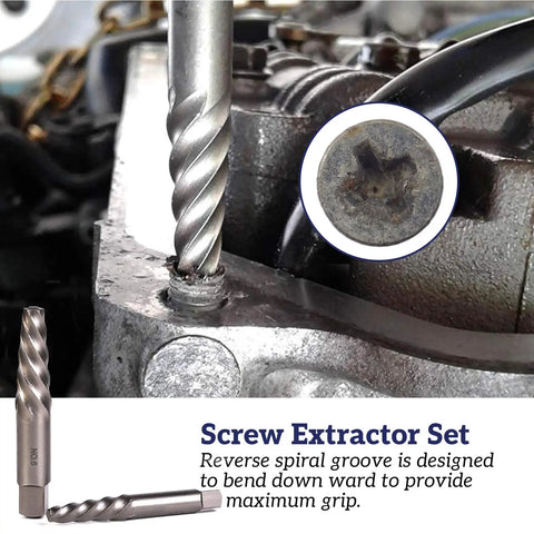 36 Piece Screw And Bolt Extractor Kit With 2 In 1 MultiSpline Lug Nut Remover for Stripped Damaged Frozen Rusted Bolts shown in use