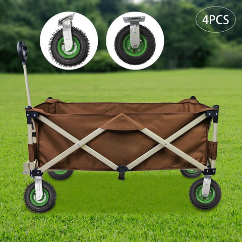 Heavy Duty Pneumatic Caster Wheels 8 Inch Air Tires Smooth As Butter Industrial Casters on a farm cart in green grass.