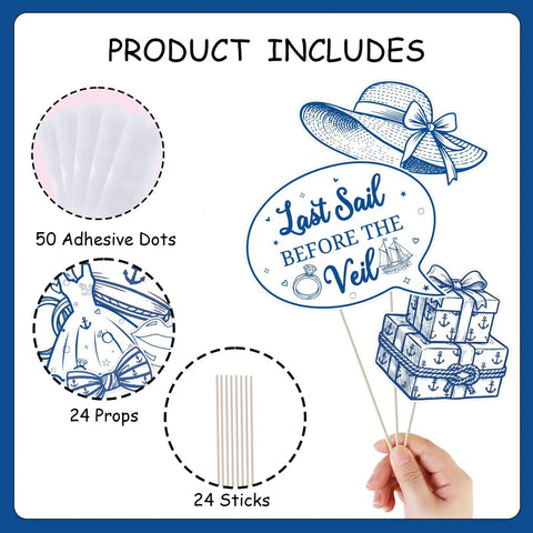 Last Sail Before The Veil Photo Booth Props Kit 24 Nautical Bachelorette Party Decorations with hats and props with sticks