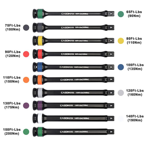 Half-Inch Drive 8 Inch Color-Coded Torque Extension Bar Set, 10-Piece, 65 To 150 Ft-Lbs, 90 To 200 Nm, color-coded by torque value