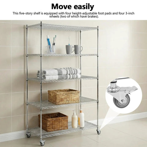 Heavy Duty Five Tier Rolling Wire Shelving Rack Built Tough For Garage Use With Smooth Gliding Casters And Fully Adjustable Heights to hold towels and storage bins.