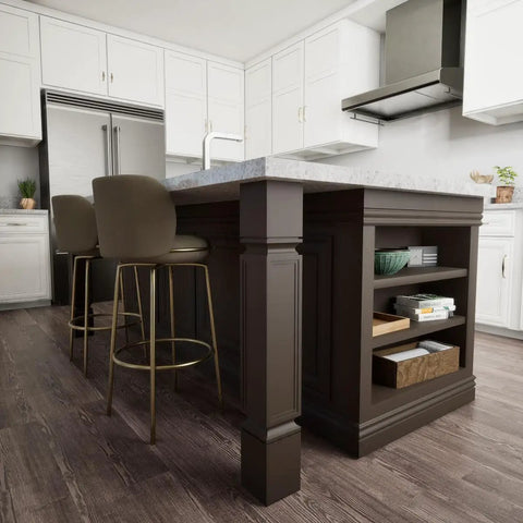Kent Raised Panel Cabinet Column 5W By 5D By 35.5H unfinished rubberwood on kitchen island with stools and storage shelves