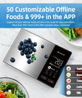 Smart Digital Kitchen Scale With 23 Nutrients Tracking For Weight Loss, App Sync, stainless steel surface with blueberries.
