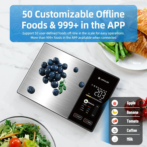 Smart Digital Kitchen Scale With 23 Nutrients Tracking For Weight Loss, App Sync, stainless steel surface with blueberries.