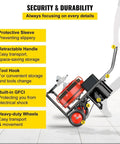 Heavy Duty Electric Drain Auger With One Hundred Foot Steel Core Snake For Two To Four Inch Pipes Five Hundred Watt Motor and High Speed Drain Cleaner Machine showing features like protective sleeve, retractable handle.