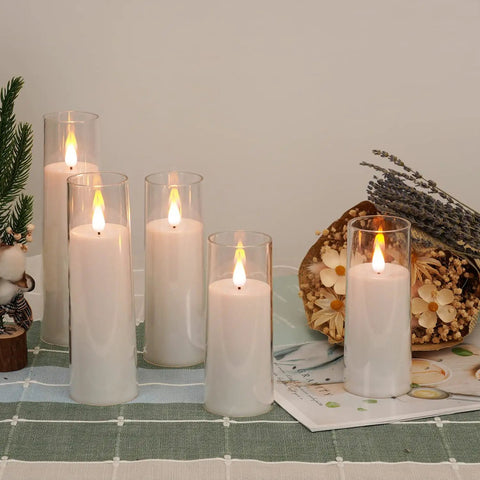 Set Of 5 Battery Operated Flameless LED Pillar Candles With Acrylic Shell, Remote Control And Timer, 3D Wick on table