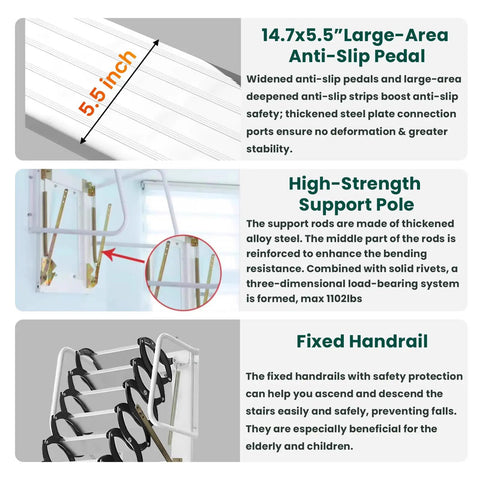 12 Step Retractable Attic Stairs With Armrests, Wall Mounted Loft Ladder, Aluminum Attic Ladder, Pull Down Design With Pull Rod, Built Tough But Lightweight, 900 Lb Capacity, Easy Access For Handy Home Upgrades. 14.7x5.5 inch anti-slip pedal