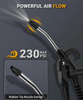 High Flow Air Blow Gun With Rubber Guard, Bent Angle Jet Nozzle emitting air, showing 230 PSI capability, pneumatic cleaning tool