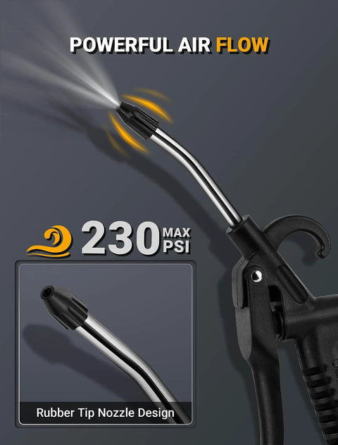 High Flow Air Blow Gun With Rubber Guard, Bent Angle Jet Nozzle emitting air, showing 230 PSI capability, pneumatic cleaning tool