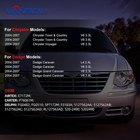 Front view of a Chrysler minivan for Electric Fuel Pump Assembly With Sending Unit And O Ring For 2004 2007 Chrysler Town And Country Voyager Dodge Caravan Grand Caravan Gas Engine 2 4L 3 3L 3 8L Replacement.