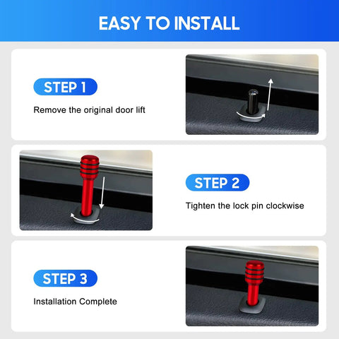Installation process of 4 Piece Red Aluminum Alloy Car Door Lock Knobs, step-by-step guide with visuals.