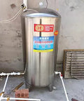 Heavy Hitter Stainless Steel Water Storage Tank 105 Gallon Home Pressurized Expansion Vessel With Pump Hookup, installed with plumbing.
