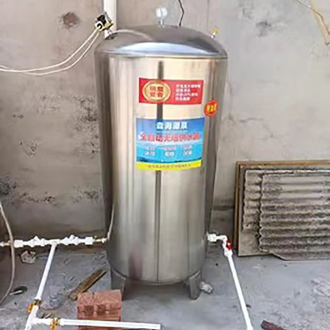 Heavy Hitter Stainless Steel Water Storage Tank 105 Gallon Home Pressurized Expansion Vessel With Pump Hookup, installed with plumbing.