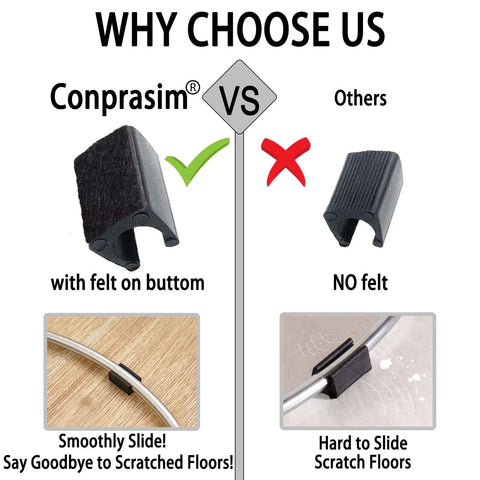 Comparison of U Shaped Chair Leg Caps With Felt Pads For 12mm Tubular Legs showing felt and no-felt versions.