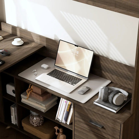 Cool L Shaped Electric Standing Desk In Dark Walnut With Smart Hutch And Built In Storage For Home Office, laptop and accessories on desktop.