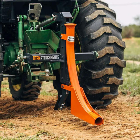 Pipe Layer Attachment For Bolt On Single Tine Subsoiler installed on tractor, showing 2.75 inch tube design for 50mm poly pipe