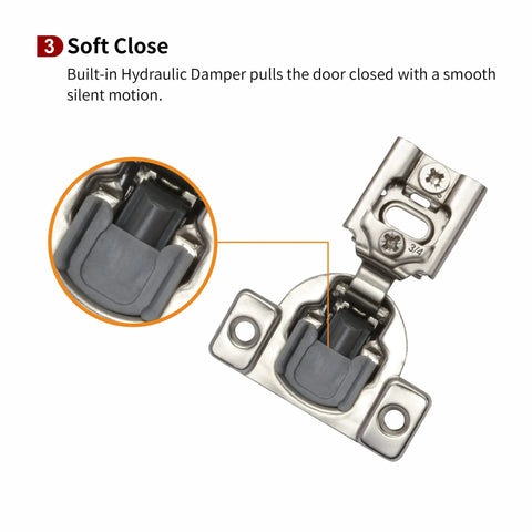 Close-up of the hinge from Fifty Pack Three Quarters Inch Overlay Two Dimensional Soft Close Hinges For Face Frame Kitchen Cabinets.
