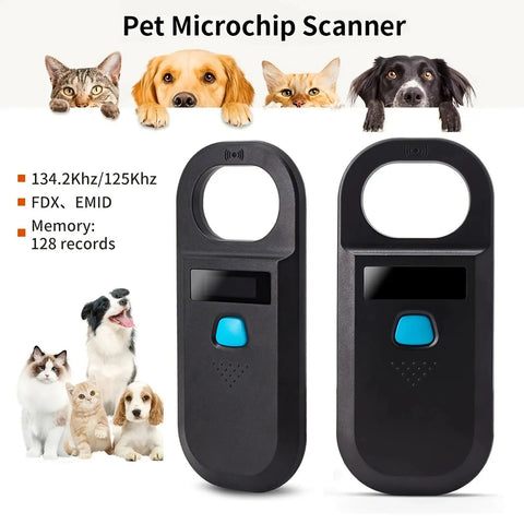 Front and back view of Pet Microchip Scanner 134.2KHz and 125KHz EMID FDX-B ISO 11784 Or 11785 Reader with OLED display for animals.