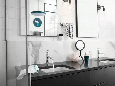 Modern bathroom featuring Gibson One Handle Single Hole Modern Bathroom Sink Faucet with Optional Deck Plate in chrome finish.