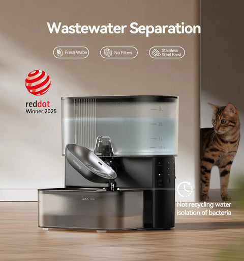 Wireless Cat Water Fountain With No Filters And Wastewater Separation, 3.5L Stainless Steel Bowl, black, with cat nearby.
