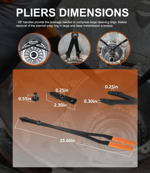 Diagram of 26 Inch Internal Retaining Ring Pliers Beefed Up Heavy Duty Transmission Snap Ring Tool showing dimensions and application for GM 6L80 6L90 5L40 5L50 6L50