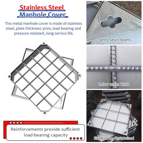 Stainless Steel Invisible Manhole Cover With Frame And Handles, 14 By 14 Inch Recessed Square Lid For Lawn Garden Yard And Driveway Drainage, Durable 304 Grade, Customizable Fit.